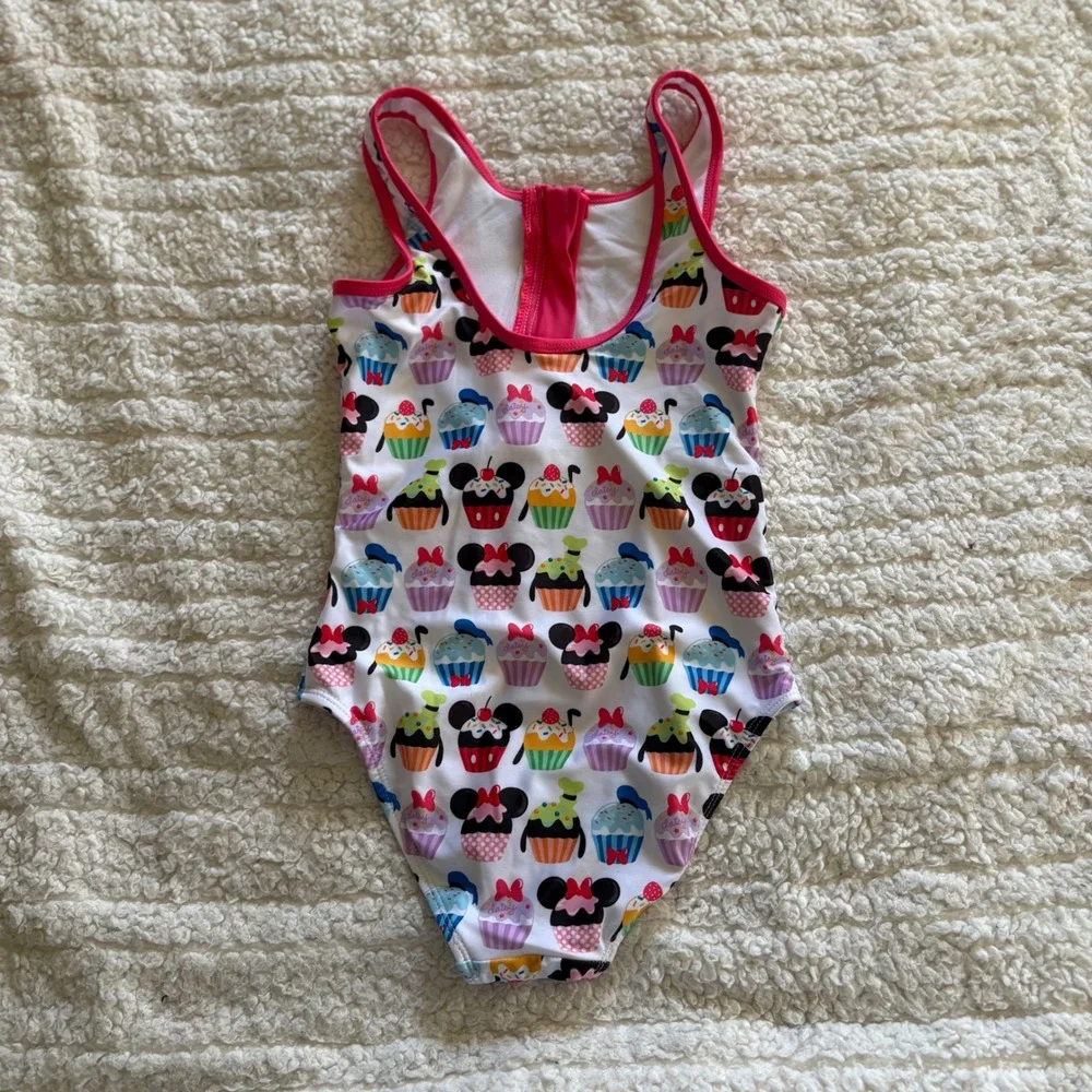Disney Girls Mickey Minnie Cupcake One Piece Swimsuit Pink‎ White Zip Front 7/8